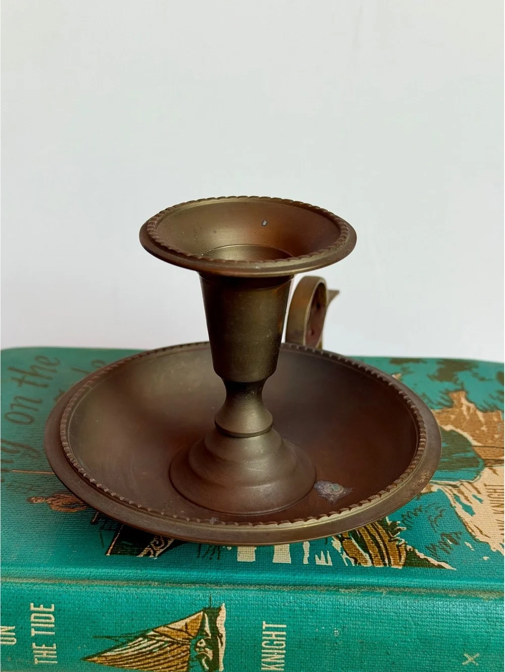 Vintage Brass Chamberstick Candle Holder Taj Mahal India Finger Loop Handle